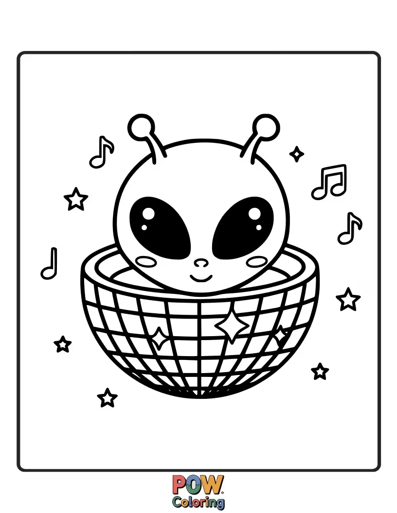 Free coloring page of A goofy alien with big eyes and antenna dancing under a sparkly disco ball, ready to groove!