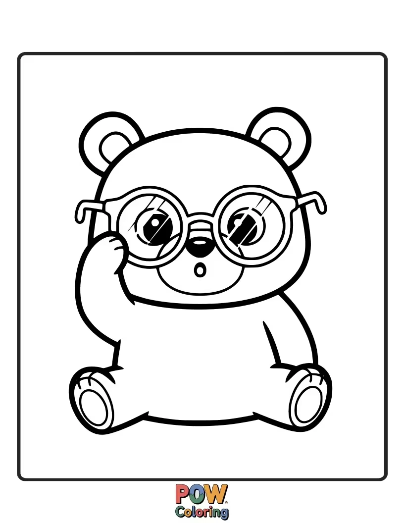 Free coloring page of A confused bear wearing reading glasses upside down, trying to decipher a book.