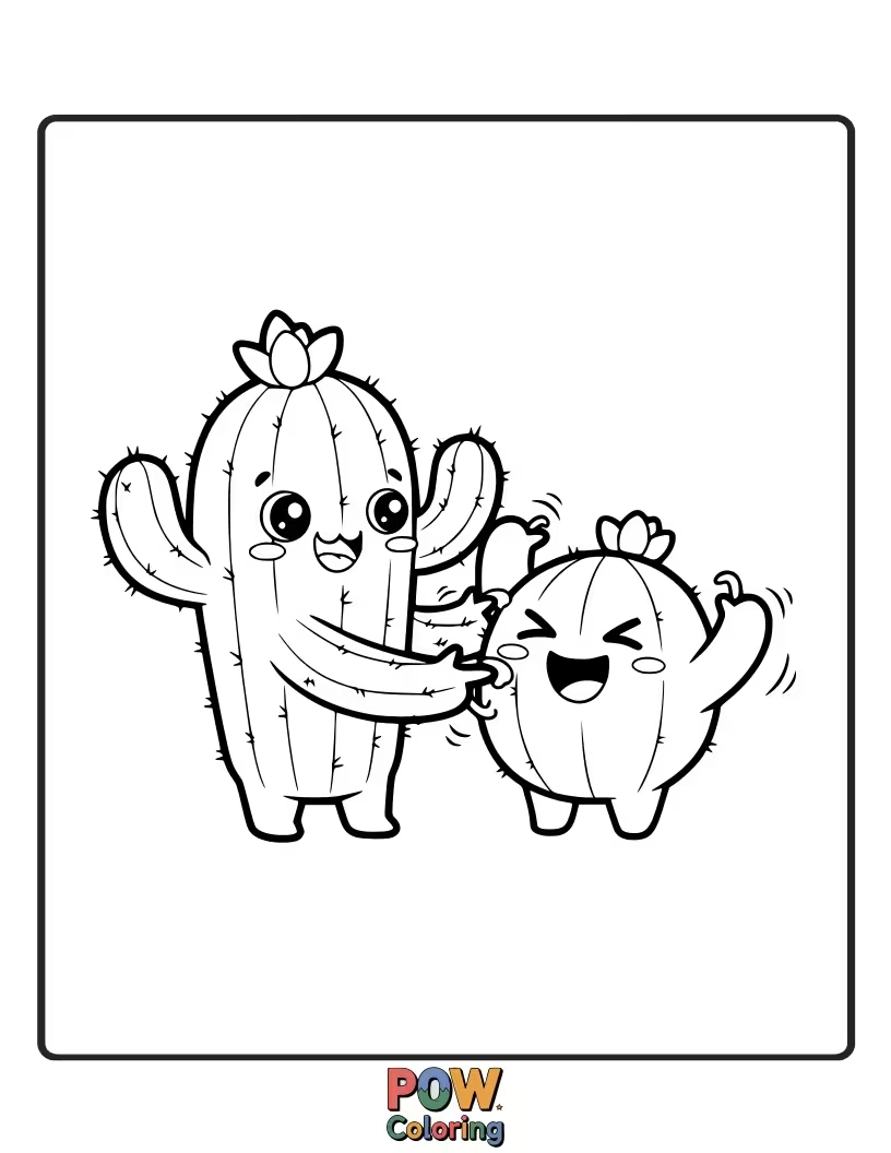 Free coloring page of Two giggling cacti with googly eyes playfully poking each other with their tiny arms.