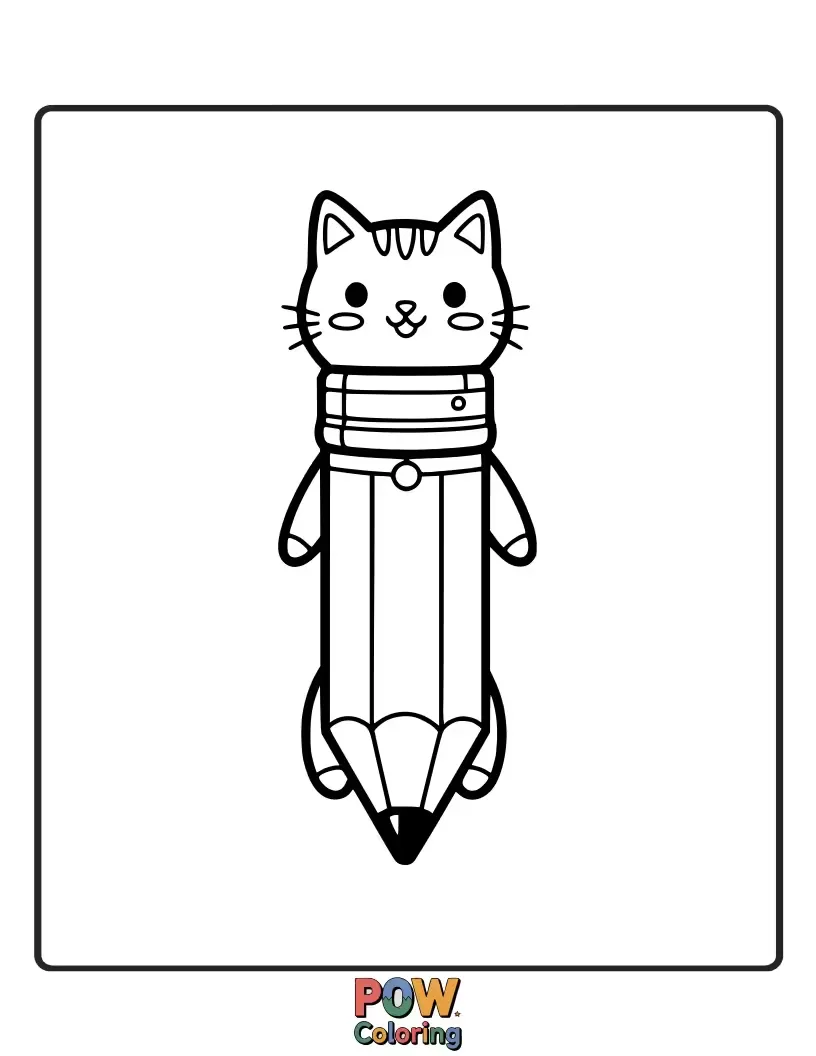 Free coloring page of An exceptionally cute cat character with big, round eyes, playfully batting at a dangling pencil. Purrfectly adorable!