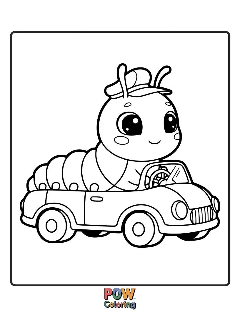 Free coloring page of A caterpillar wearing a driver's cap, proudly steering a miniature car down a leafy road.