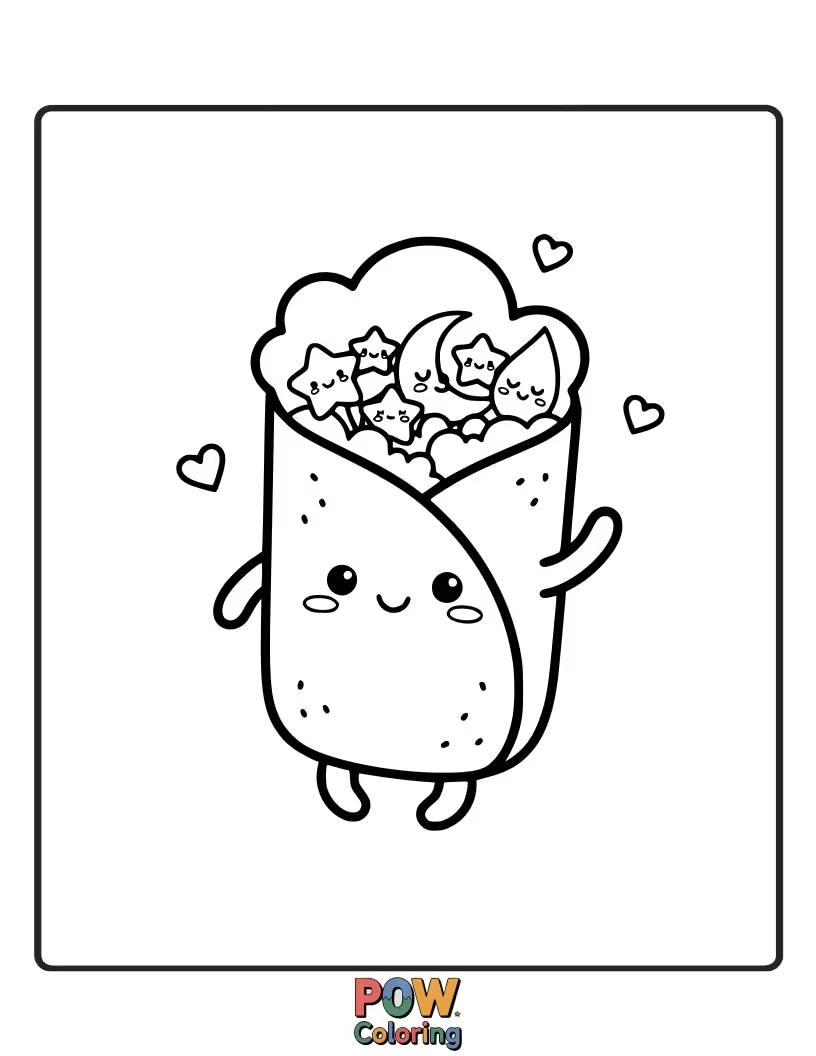 Free coloring page of A fluffy cloud wearing a tiny sombrero, bursting with colorful burrito fillings. Ole!