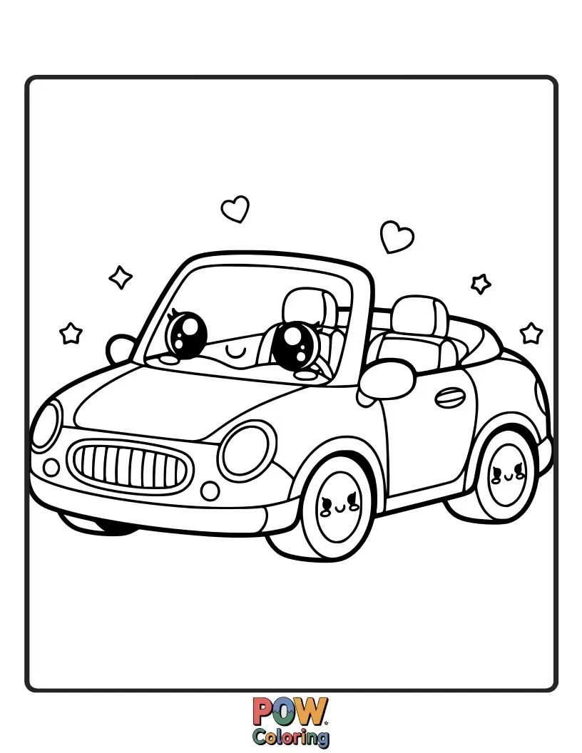 Free coloring page of A tiny, adorable convertible with blushing cheeks and big, sparkling eyes, perfect for a fun drive.