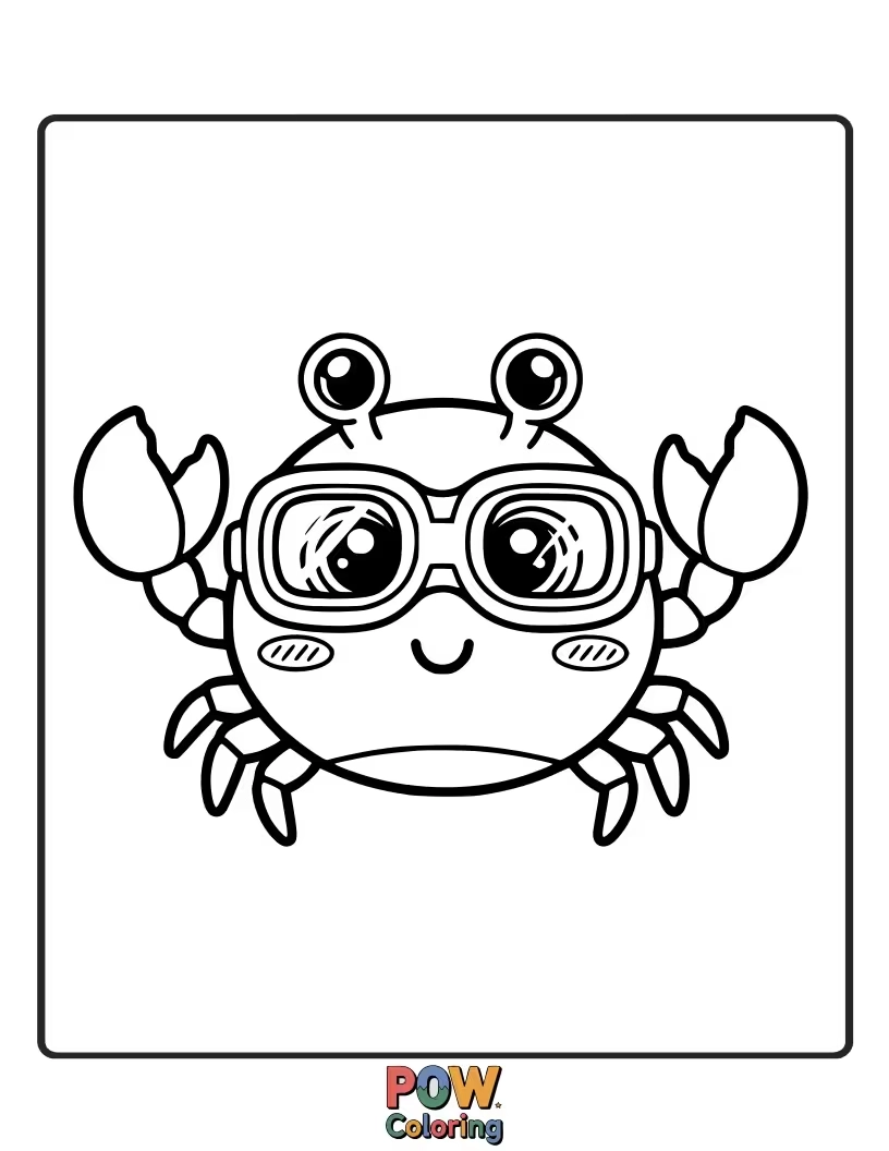 Free coloring page of A scuttling crab sporting oversized swimming goggles, ready for a deep-sea adventure.
