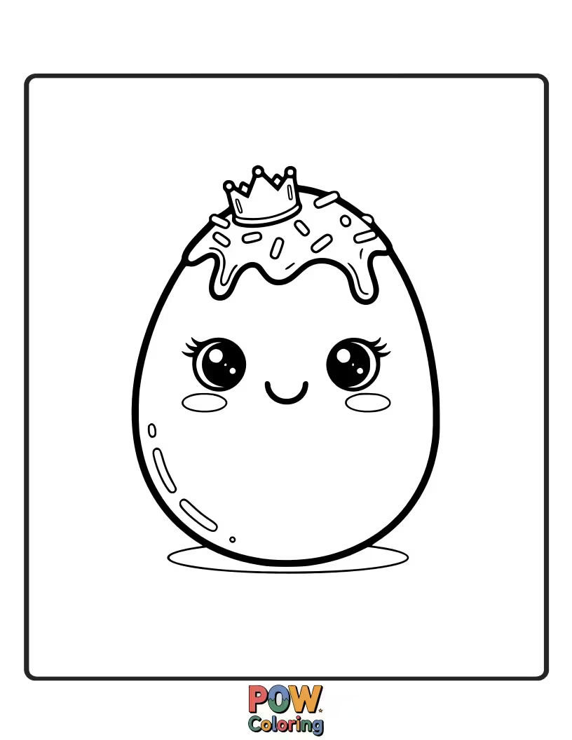 Free coloring page of An adorable egg character with big, sparkling eyes and rosy cheeks, holding a tiny heart, embodying pure cuteness.