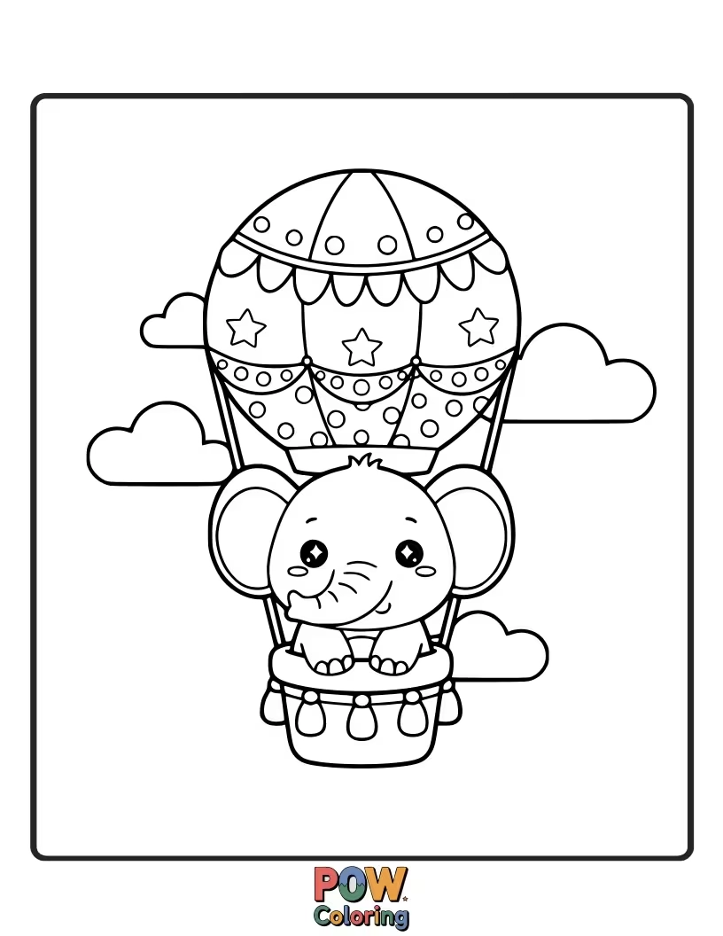 Free coloring page of A tiny elephant being lifted by an enormous, colorful balloon, looking delighted and a bit nervous.