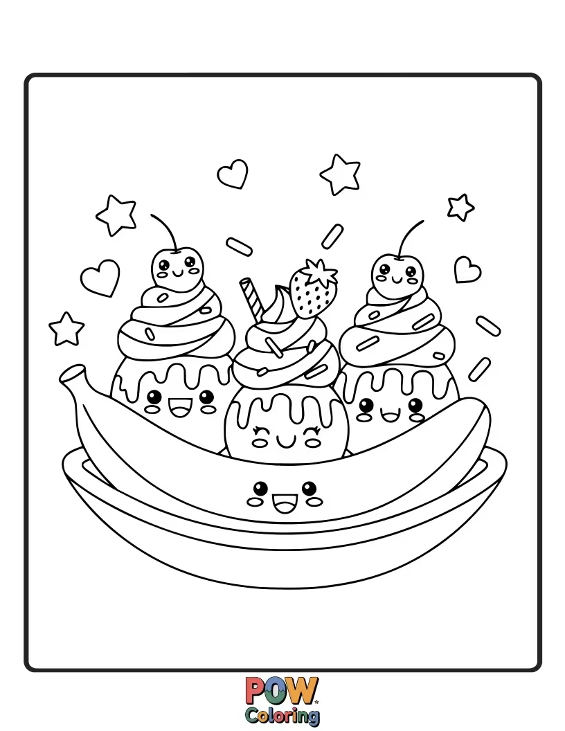 Free coloring page of A cheerful banana split with three smiling ice cream scoops, a whipped cream cloud, and a cherry crown.
