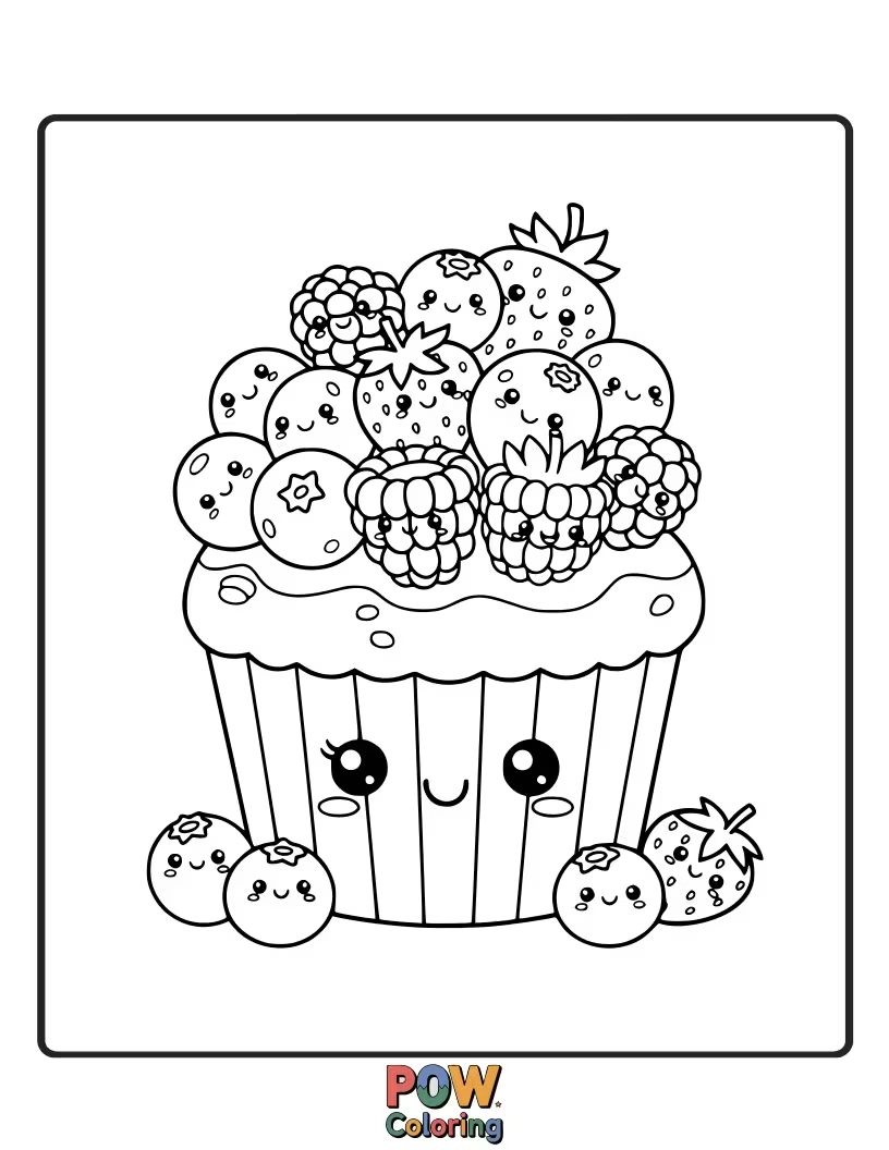 Free coloring page of A plump muffin dotted with blueberries, wearing a happy face and a sprinkle of powdered sugar.