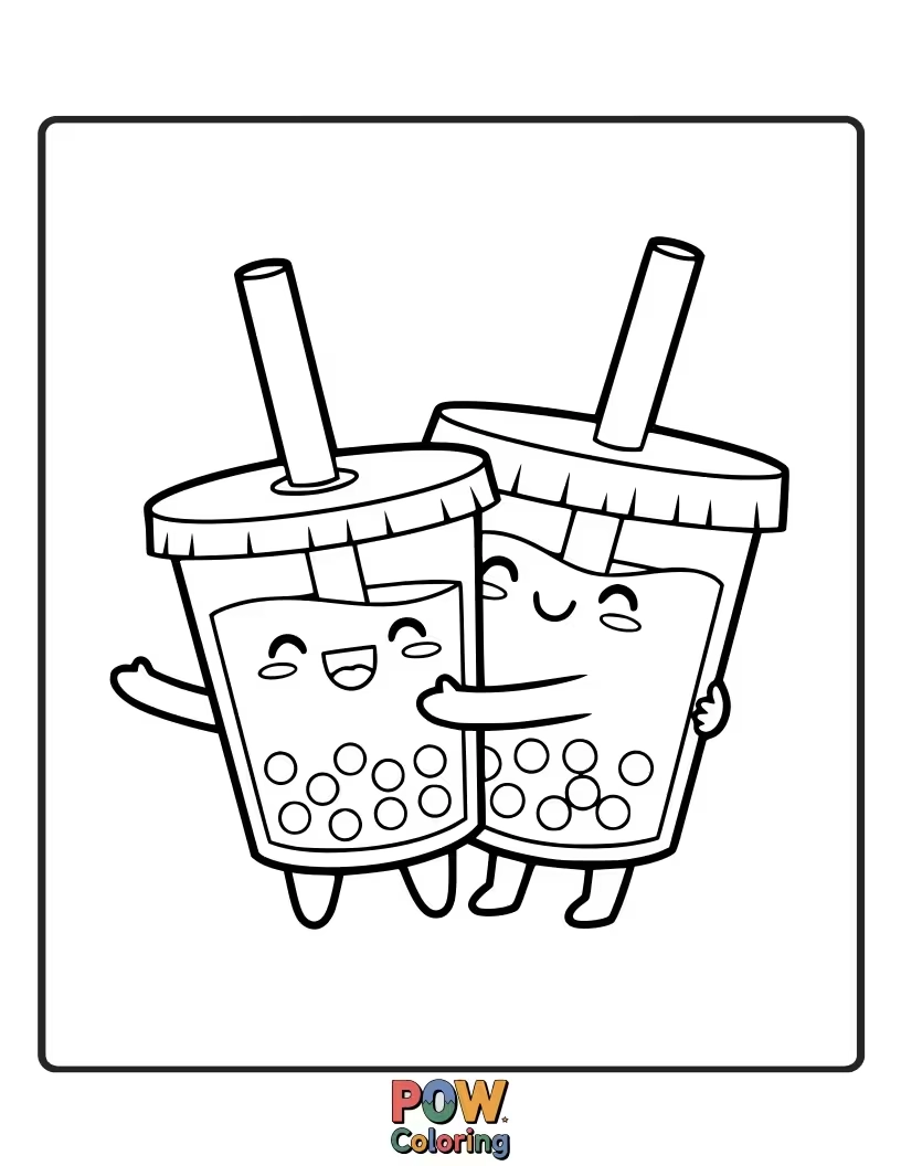 Free coloring page of A friendly bubble tea cup with a straw mustache and cheerful eyes, offering a warm, bubbly embrace.
