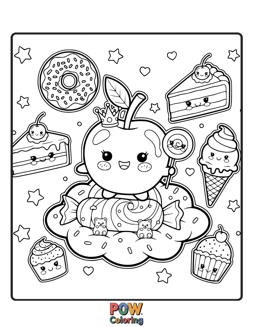 Free coloring page of A shiny candy apple with a dreamy swirl, a happy face, and tiny star decorations.