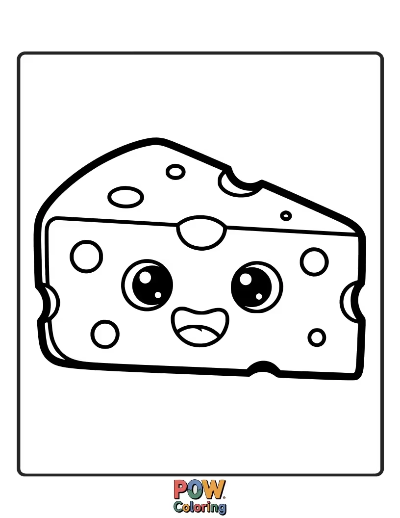 Free coloring page of A happy slice of cheese with cheerful eyes and a playful grin, perfect for cheesy fun.