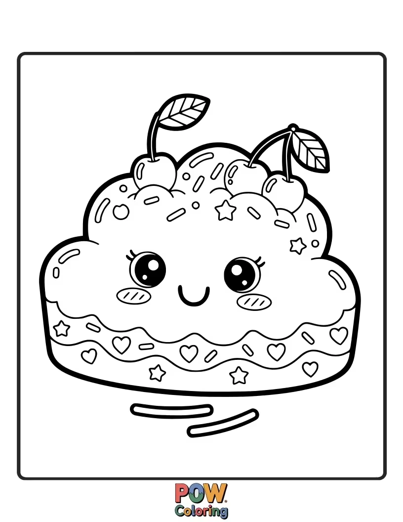 Free coloring page of Fluffy, dreamy cloud cake with a happy face and sparkling edible stars.