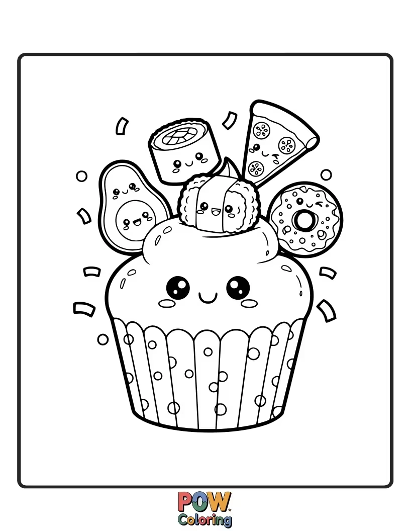 Free coloring page of A delightful cupcake with frosting swirls, a cherry topping, and a mischievous wink.