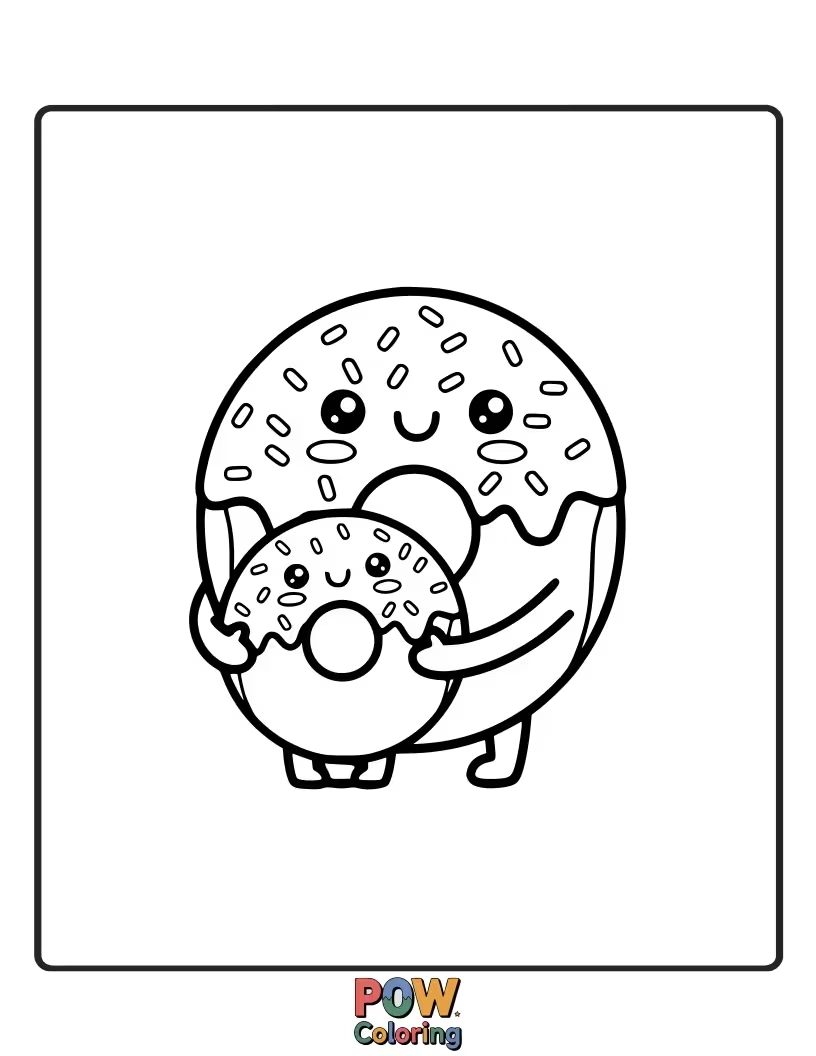 Free coloring page of Two heart-shaped donuts giving a sweet hug, adorned with sprinkles and a loving smile.
