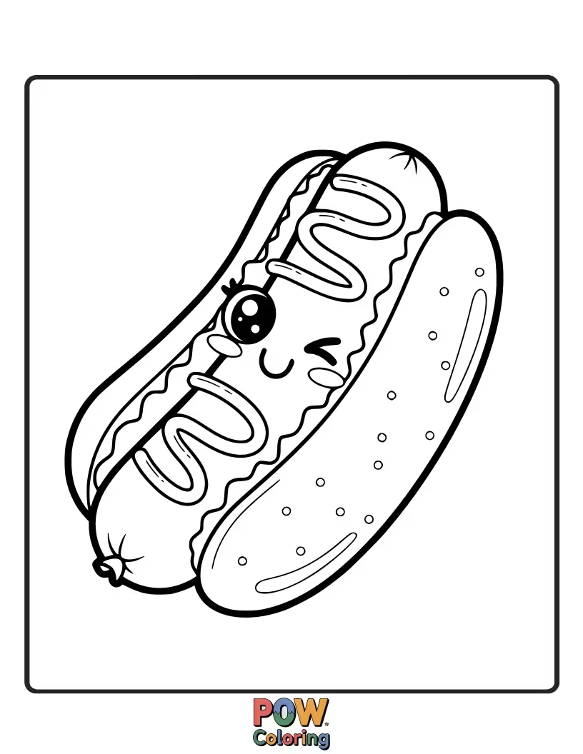 Free coloring page of A cheerful hot dog in a bun, sporting a jaunty bun hat and a playful wink.