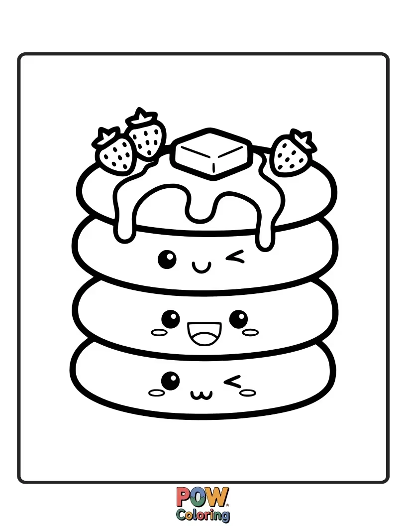 Free coloring page of A stack of fluffy pancakes with syrup drips, wearing a contented smile and a tiny berry hat.