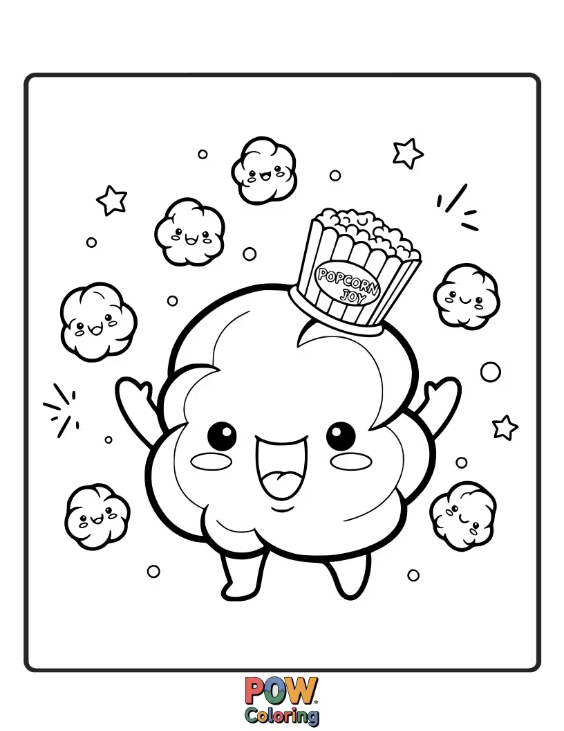 Free coloring page of A cheerful popcorn with excited eyes and a happy eruption of kernels.