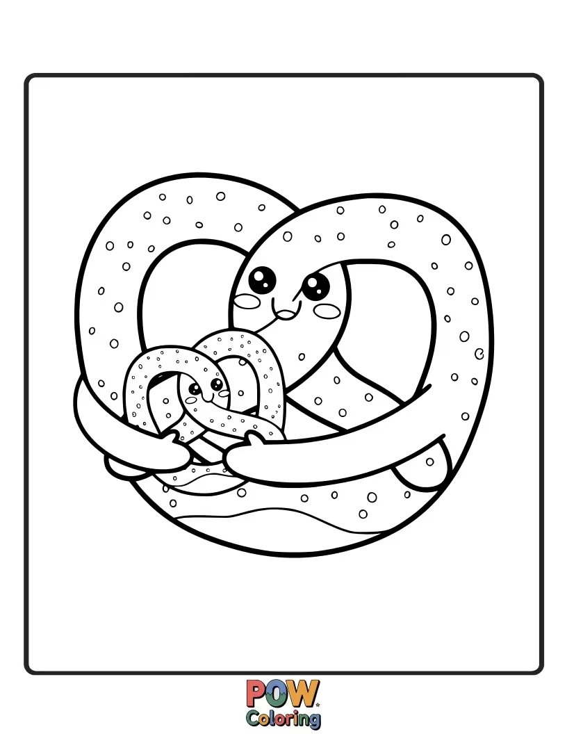 Free coloring page of Two intertwined pretzel twists giving a warm hug, decorated with a salty smile.