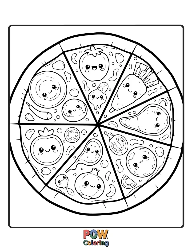 Free coloring page of A slice of pizza with a vibrant rainbow cheese topping and a cheerful, starry crust.