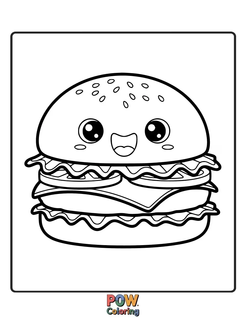 Free coloring page of A layered burger with a friendly smile, lettuce hair, and a shiny bun.