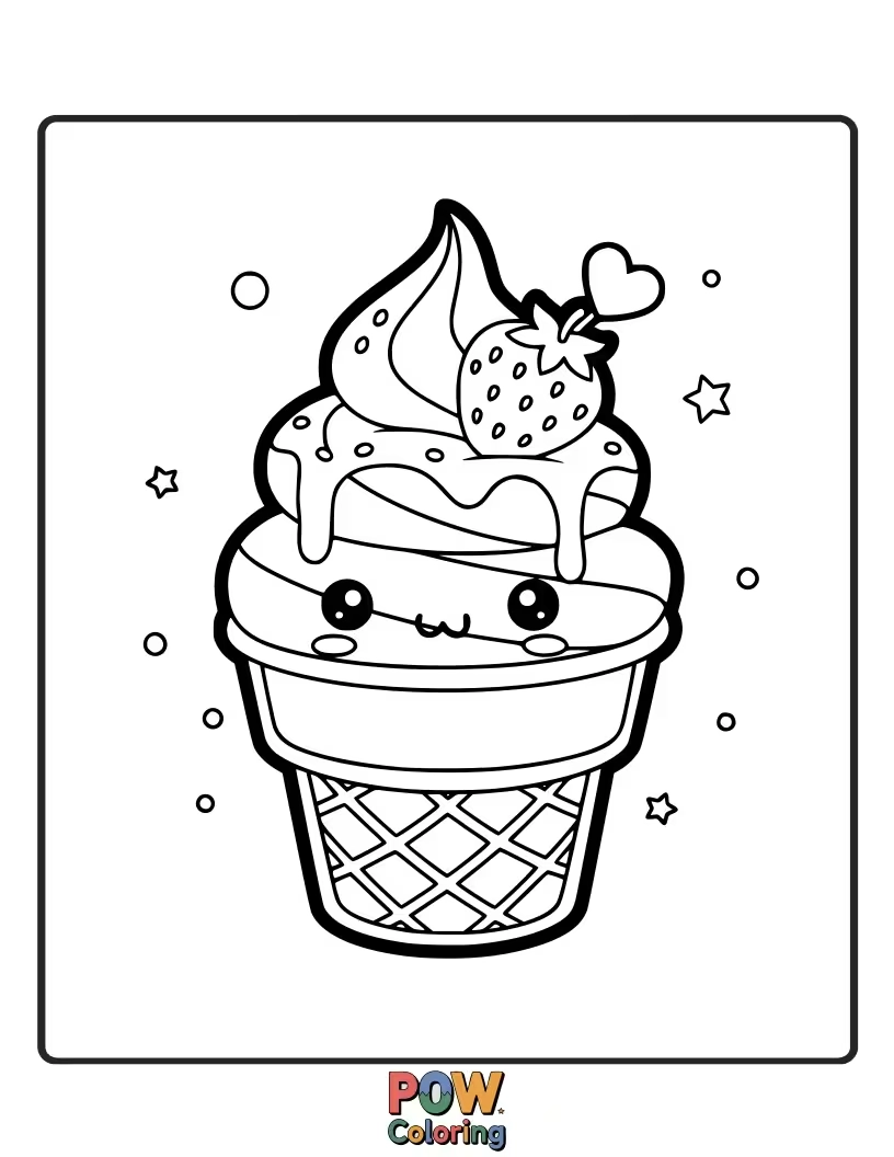 Free coloring page of A scoop of strawberry ice cream in a waffle cone, featuring rosy cheeks and a tiny cherry on top.