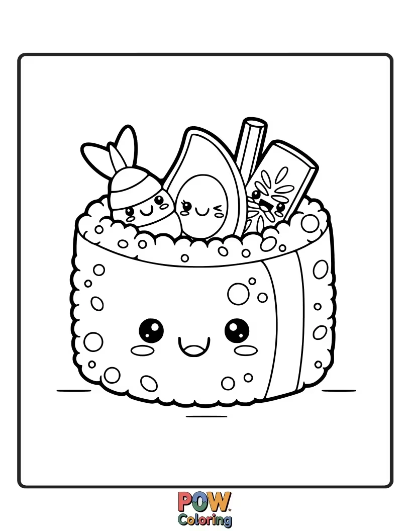 Free coloring page of Adorable sushi roll with blushing cheeks, tiny seaweed eyebrows, and a playful wink.