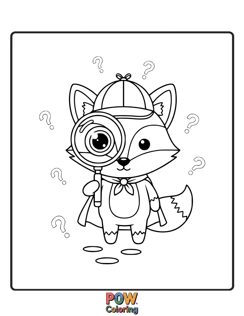 Free coloring page of A cunning fox in a trench coat, examining a giant crumb with a tiny magnifying glass.