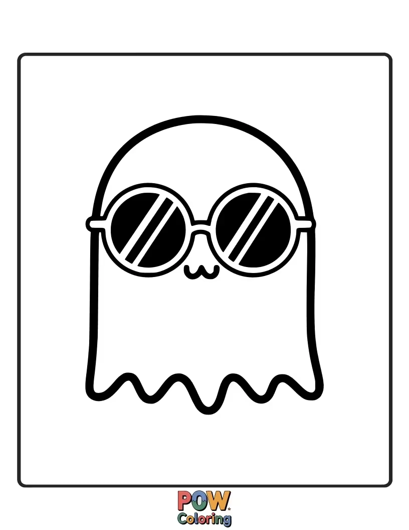 Free coloring page of A friendly ghost sporting cool sunglasses, trying to be incognito while floating mischievously.