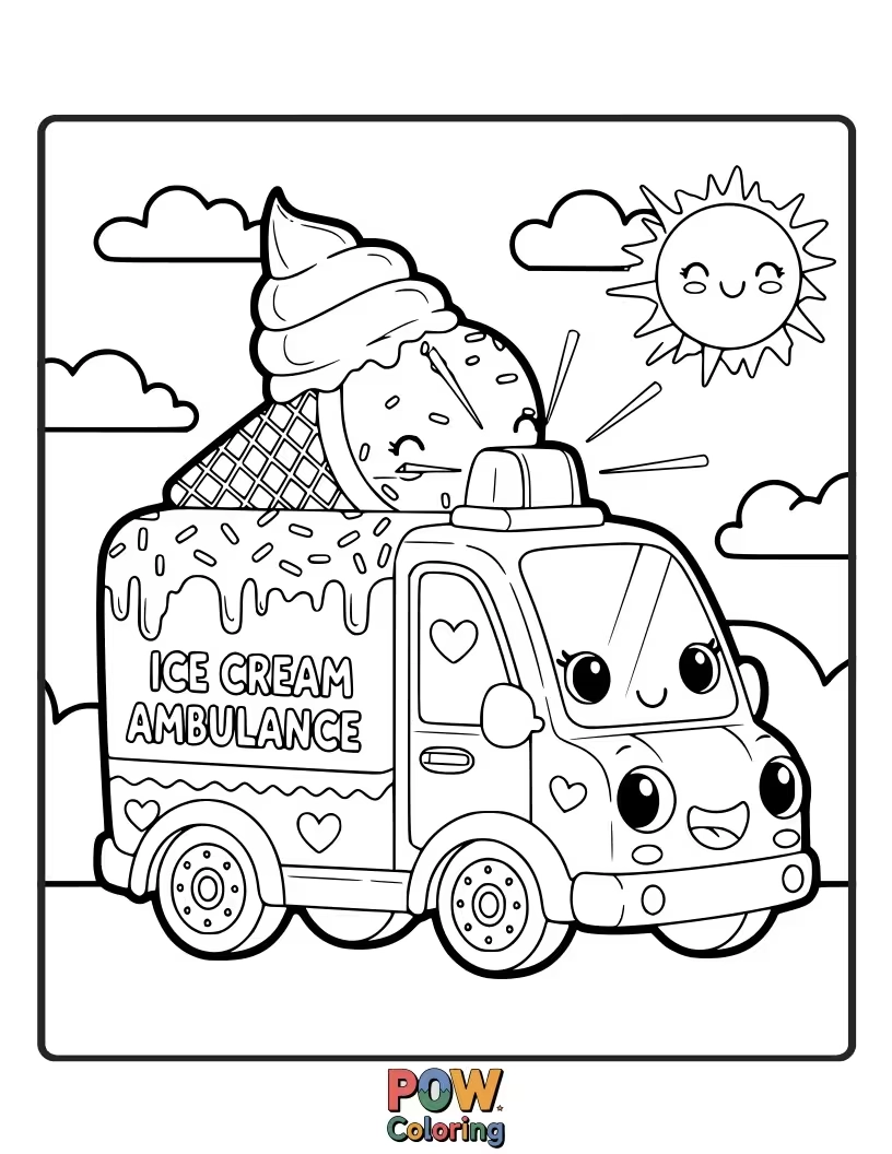 Free coloring page of A delicious ambulance made of ice cream, with sprinkles and a cherry on top.