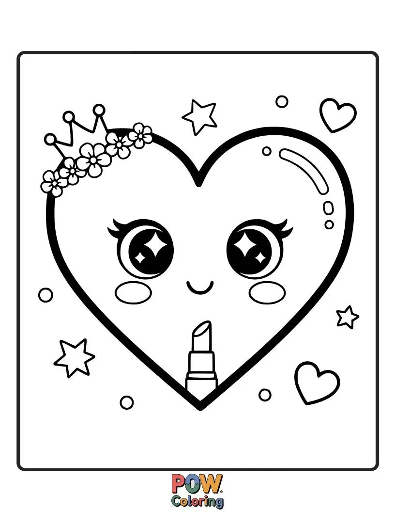 Free coloring page of A collection of cute, heart-shaped makeup items, radiating sweetness and charm. Perfect for those who love all things adorable.
