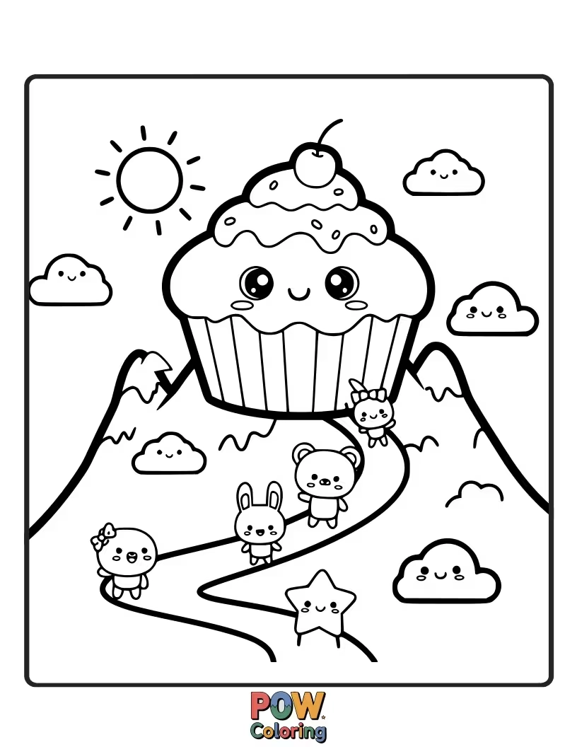 Free coloring page of A brave little muffin with a backpack, scaling a giant, fluffy mountain of whipped cream.