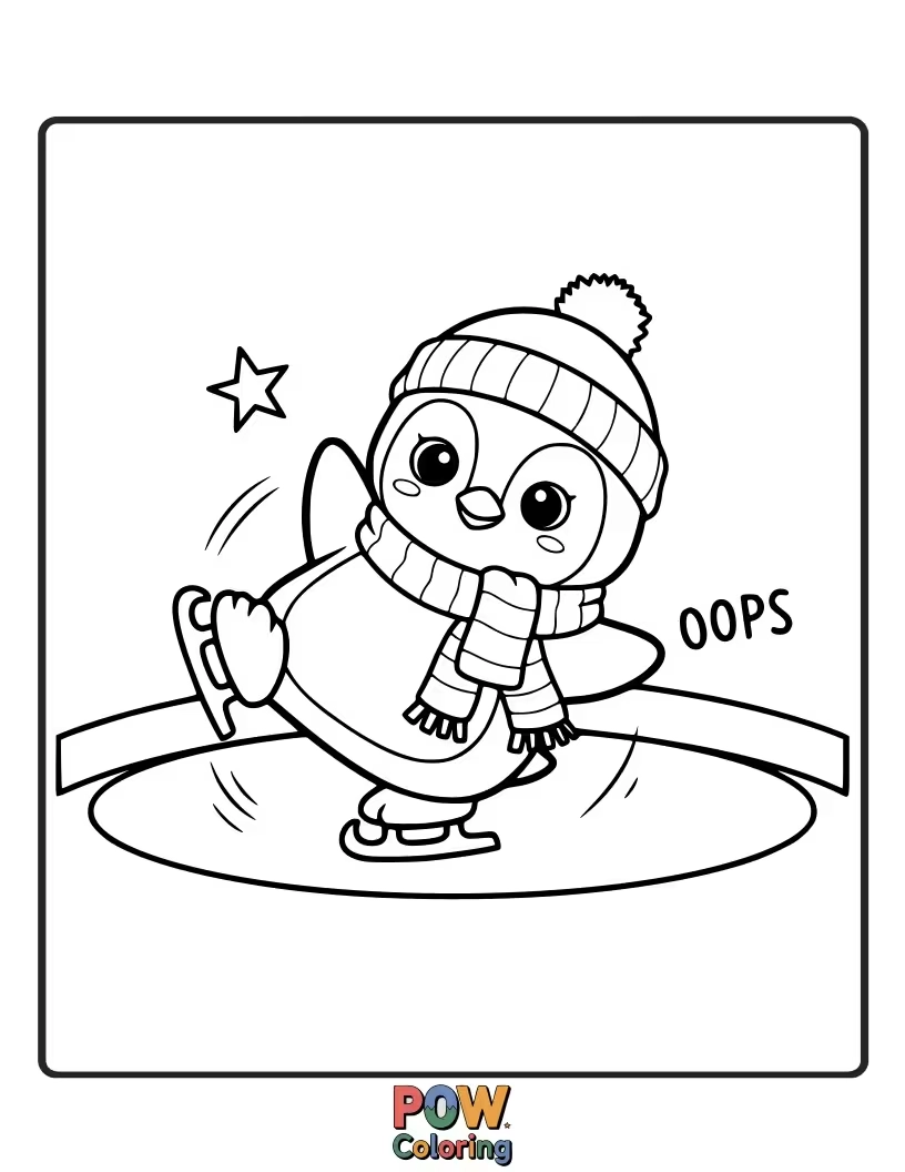 Free coloring page of A penguin attempting to gracefully ice skate, but comically losing its balance and flailing.