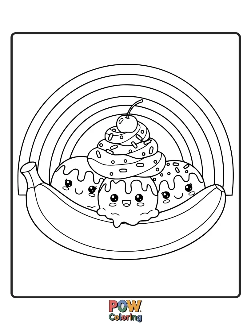 Free coloring page of A smiling banana split with rainbow ice cream, topped with a tiny umbrella and a wink.