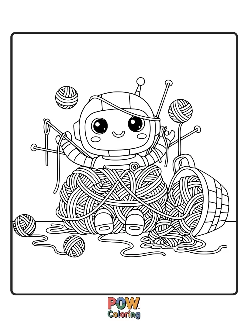 Free coloring page of A slightly confused robot attempting to knit a scarf, but ending up tangled in yarn.