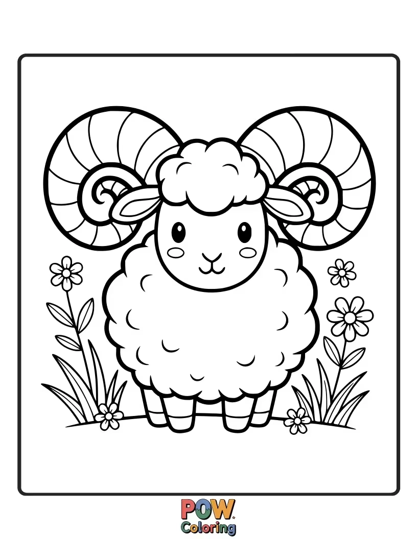 Free coloring page of A fluffy sheep with surprisingly large, curly, and whimsical horns, looking good-natured.