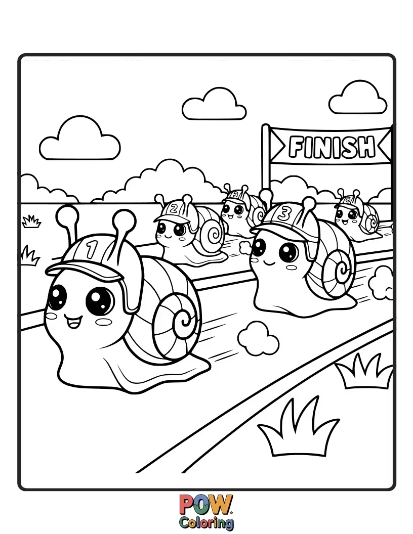 Free coloring page of A determined snail wearing a racing helmet, surprisingly zooming past cheering gummy bears.