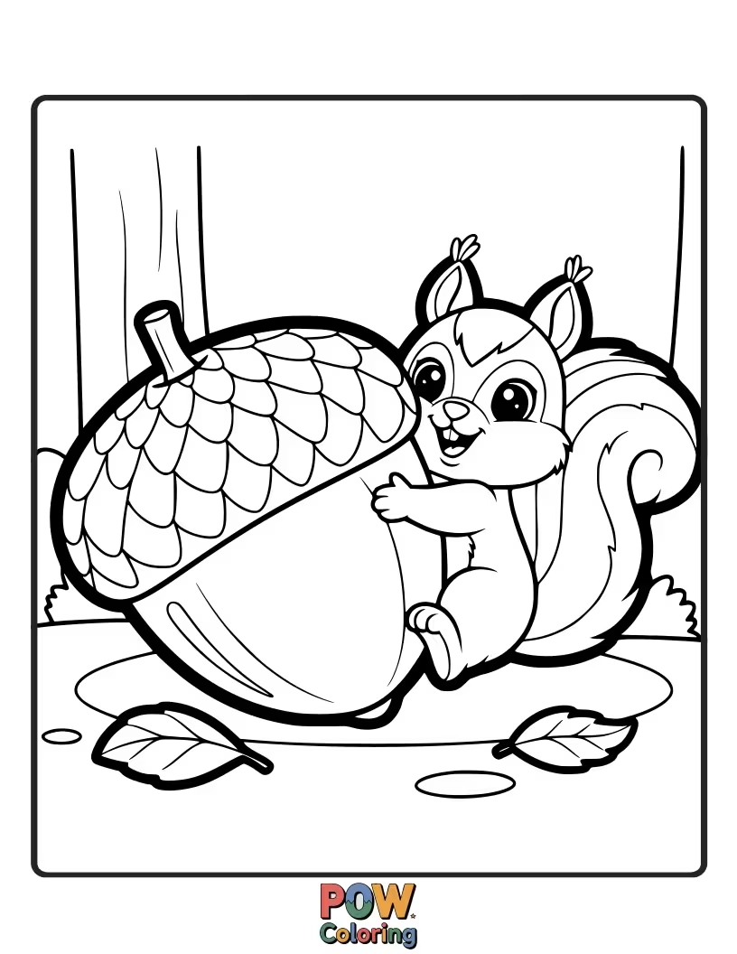 Free coloring page of A happy squirrel trying to carry an acorn bigger than its entire body, looking triumphant.
