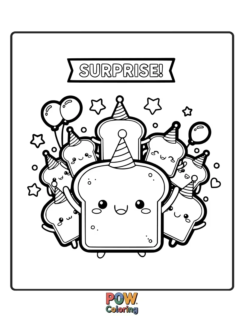 Free coloring page of A slice of toast with butter, popping out of a party popper with confetti.