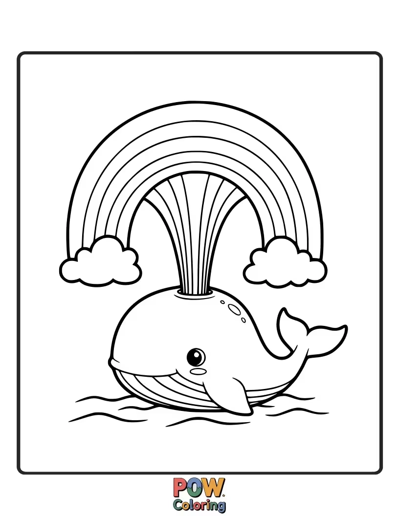 Free coloring page of A happy whale joyfully spouting a vibrant rainbow instead of water, spreading color.