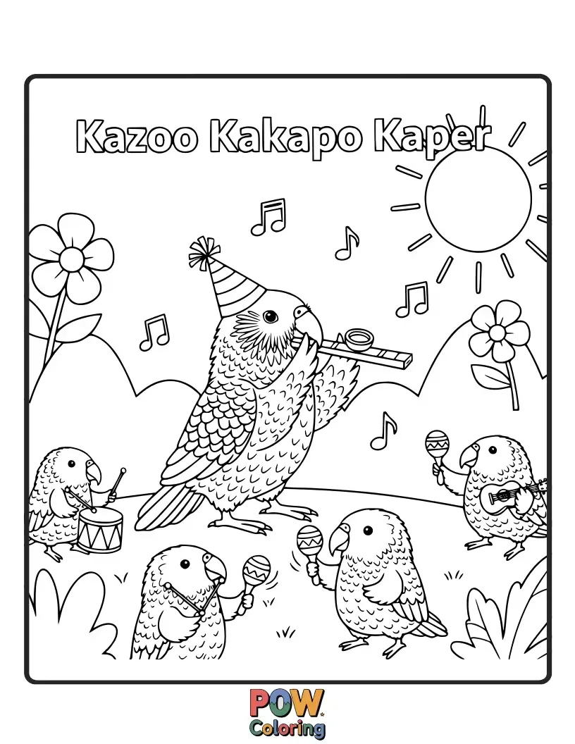 Free coloring page of A rare and colorful kakapo parrot enthusiastically playing a kazoo. Endangered, funny, and surprisingly loud.