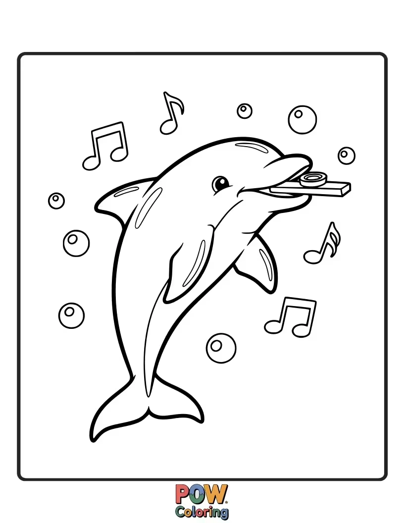 Free coloring page of Let's make some noise! This dolphin is enthusiastically playing a kazoo.