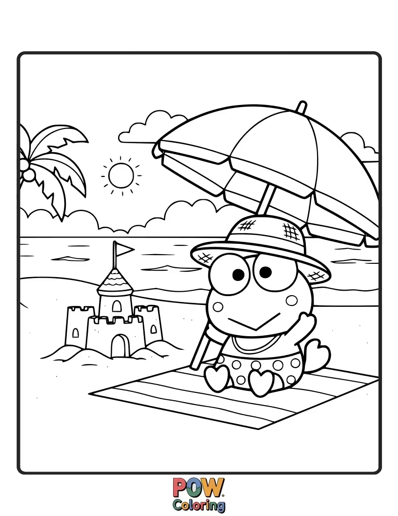 Free coloring page of Keroppi relaxing on the beach with a striped umbrella and sunglasses.