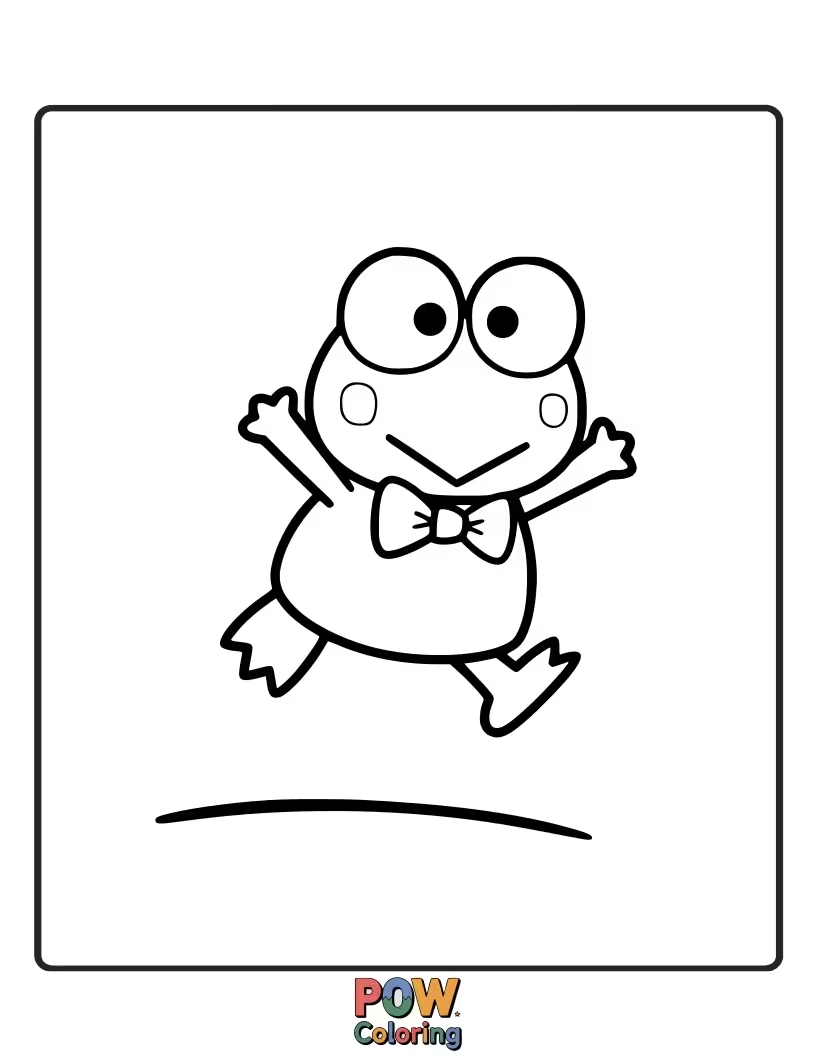 Free coloring page of Keroppi leaping joyfully over lily pads in a serene pond.