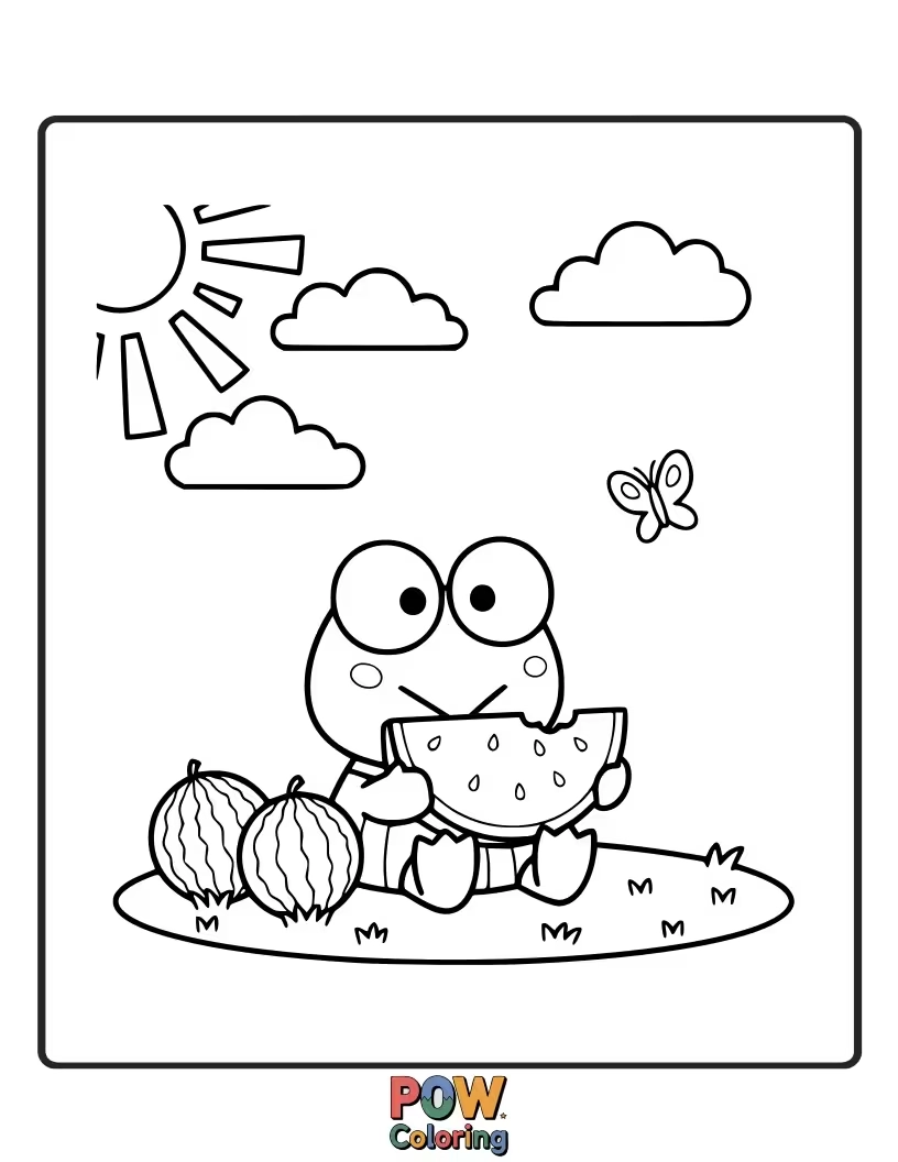 Free coloring page of Keroppi refreshing himself with a slice of juicy watermelon on a hot day.