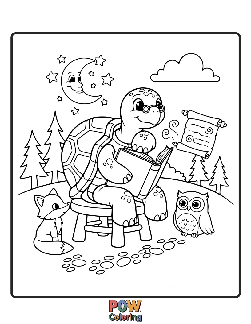 Free coloring page of A kind turtle reading an open storybook to a group of attentive forest creatures.