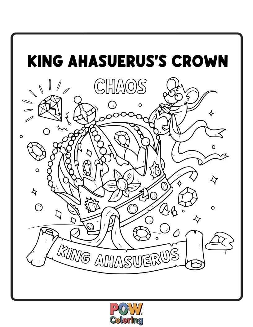 Free coloring page of King Ahasuerus's enormous crown has tipped over and is rolling hilariously down a staircase, causing a royal commotion.