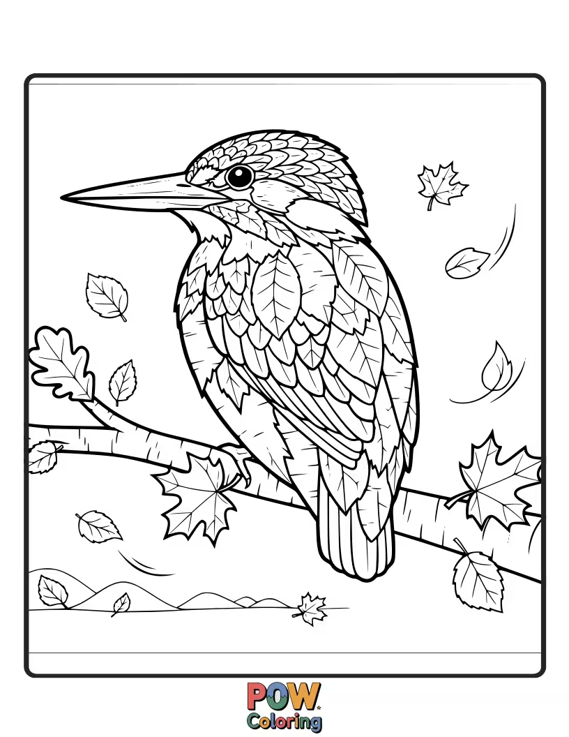 Free coloring page of A charming KingFisher perched on a single, stylized autumn leaf, its colors mirroring the season.