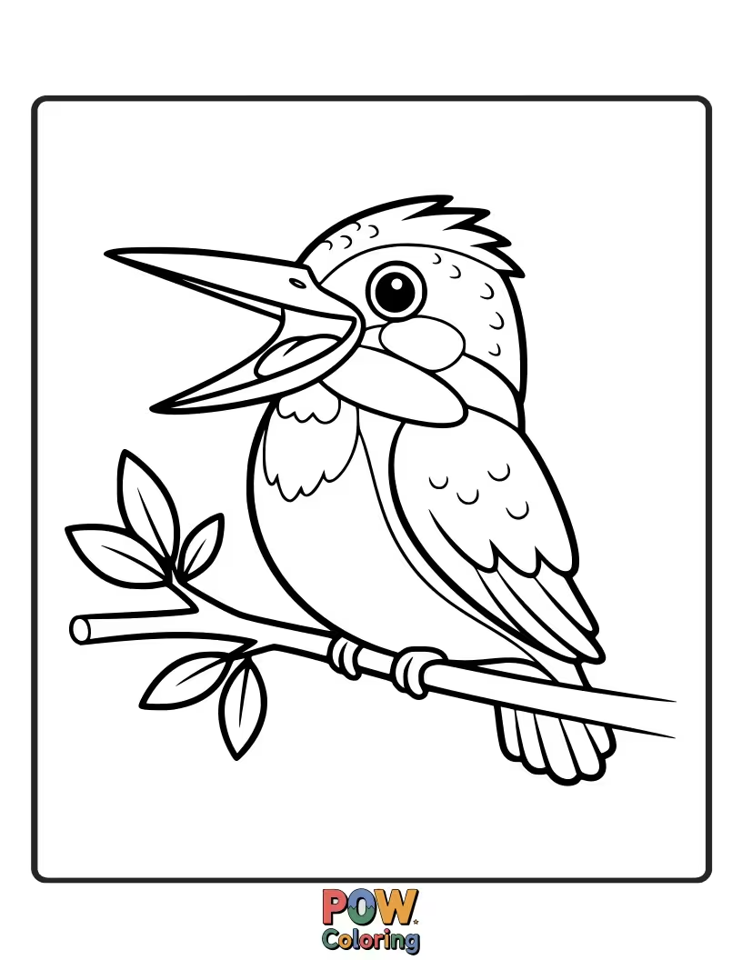 Free coloring page of A cheerful KingFisher with an impossibly wide, happy grin, showing off its beautiful iridescent feathers.