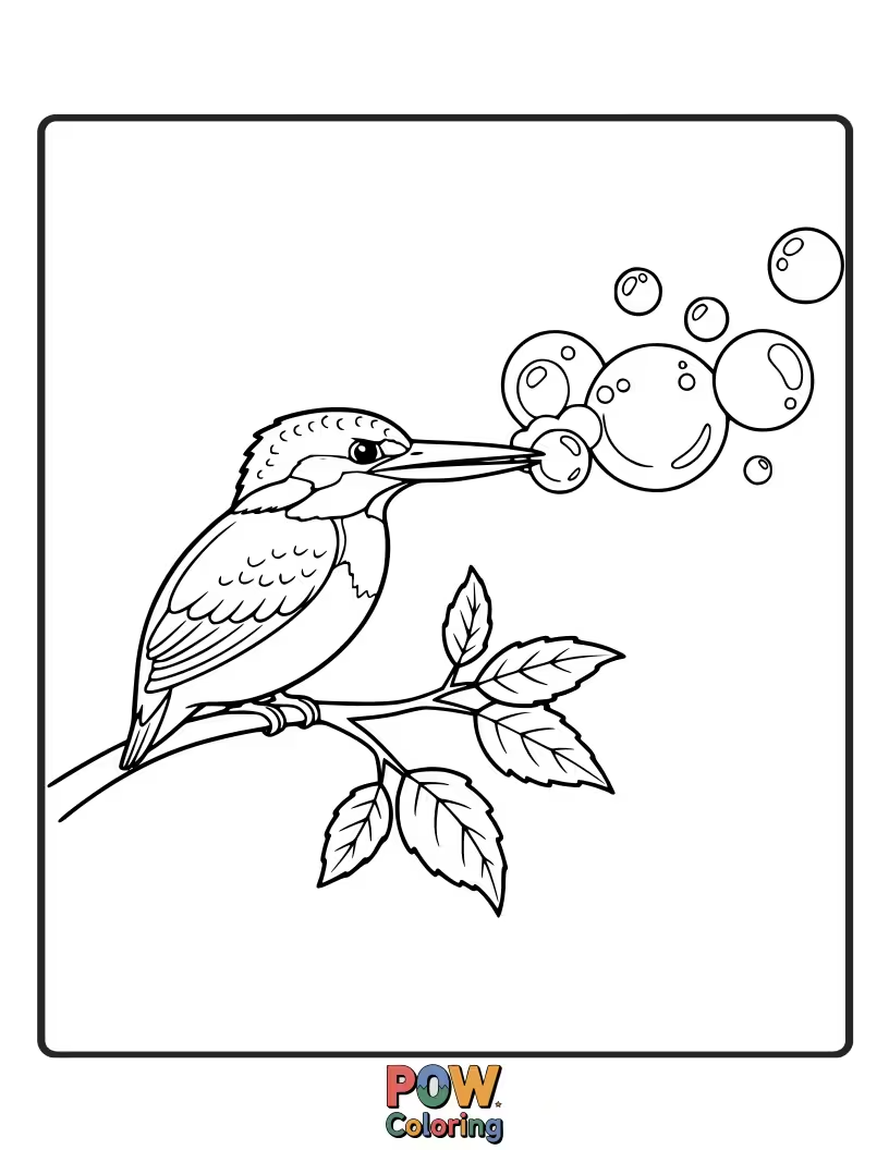 Free coloring page of A creative KingFisher playfully blowing a single, large, shimmering bubble that floats upwards gracefully.