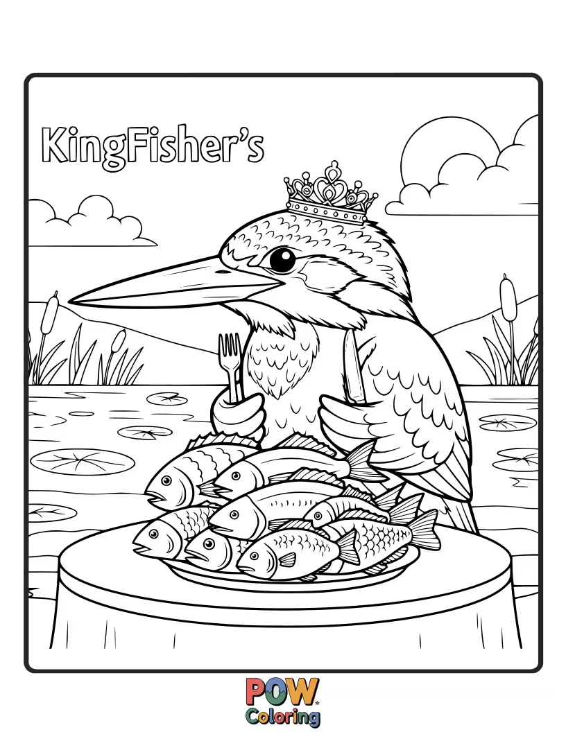 Free coloring page of A playful KingFisher holding a perfectly sized, happy little fish in its beak, ready for a tasty snack.